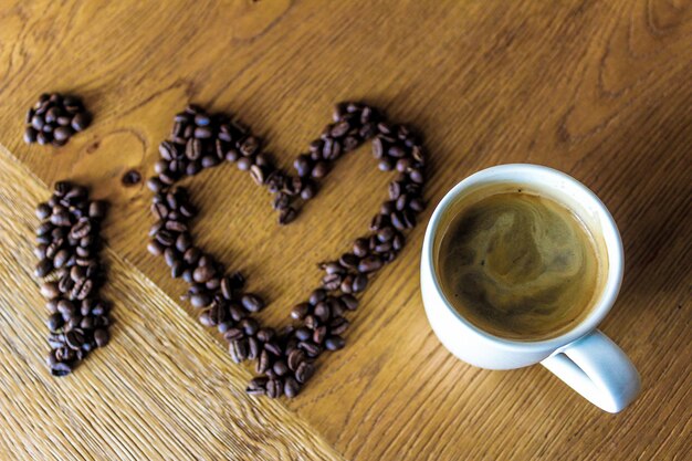 Direct boven de koffie op de tafel.