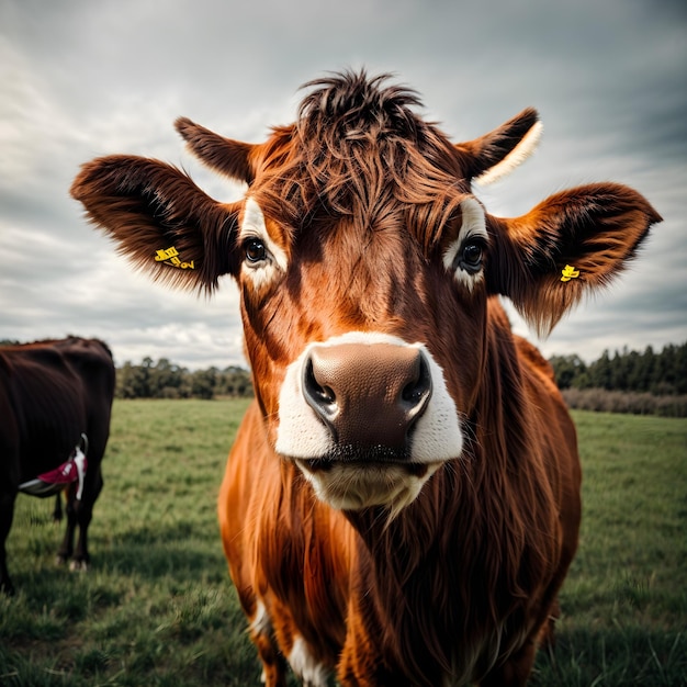 Прямой взгляд в морду коровы с маленькими рогами