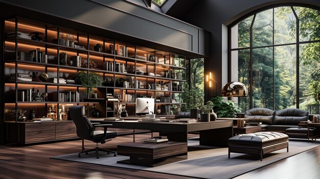 Directeur- of Boss Room-interieurontwerp met complete meubelopstelling, bureauwandontwerp, luxe omgeving en boekenzelf