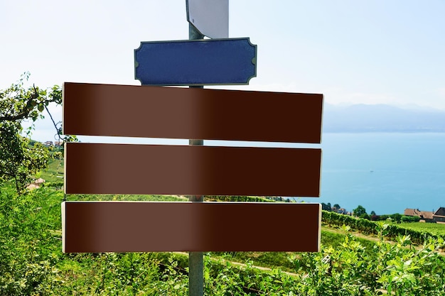 Direction plates without names at Vineyard Terraces hiking trail of Lavaux, Lake Geneva and Swiss mountains, Lavaux-Oron district of Switzerland