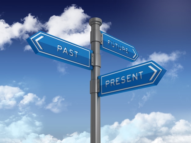 Directional Sign with FUTURE PAST PRESENT Words on Blue Sky