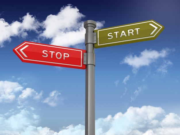 Directional Sign with STOP START Words on Blue Sky