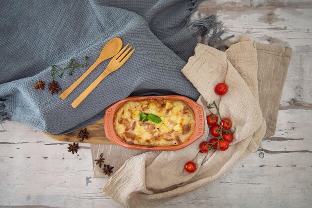 Photo directly above food in plate on table