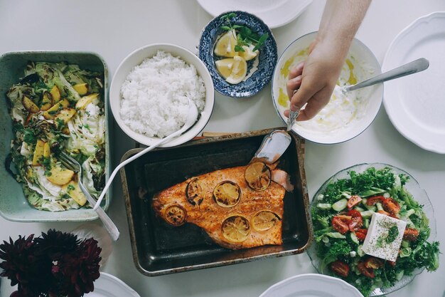 Photo directly above of food on table