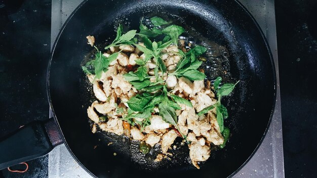 Photo directly above of meat in cooking pan