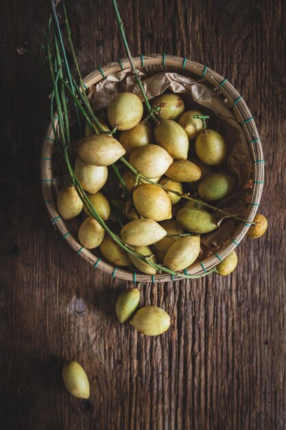 Directly above shot of baccaurea ramiflora in basket on table