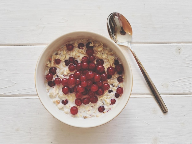 Photo directly above shot of breakfast in bowl served on table