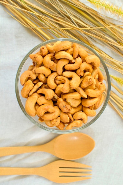 Directly above shot of cashew nuts in bowl on table