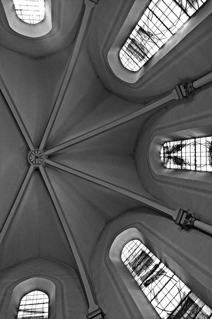 Photo directly below shot of ceiling in church