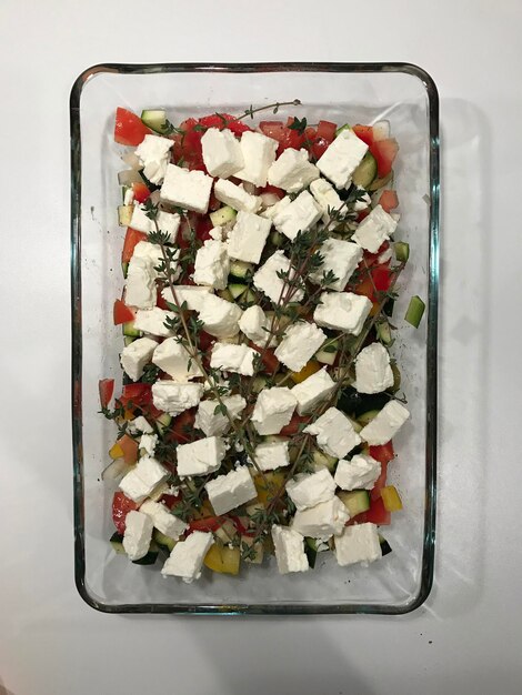 Photo directly above shot of cheese salad in plate on table