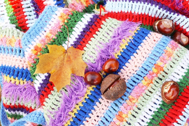 Photo directly above shot of chestnuts on multi colored textile