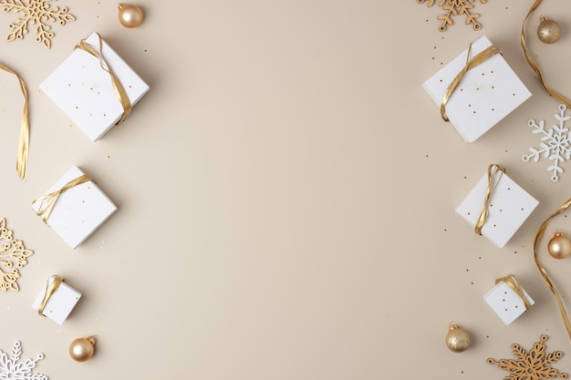 Directly above shot of christmas decorations on yellow background