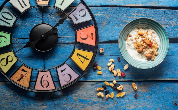 Photo directly above shot of clock and breakfast on table