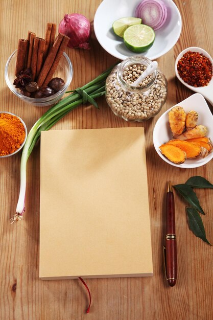 Photo directly above shot of closed book with raw food on table