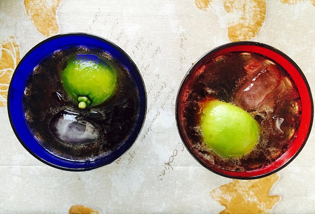 Directly above shot of cocktails in glass on table