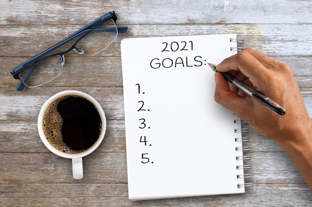 Photo directly above shot of coffee cup on table with text 2020 goals on notebooks