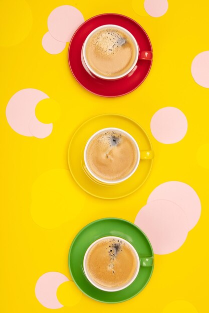 Directly above shot of coffee cup over yellow background