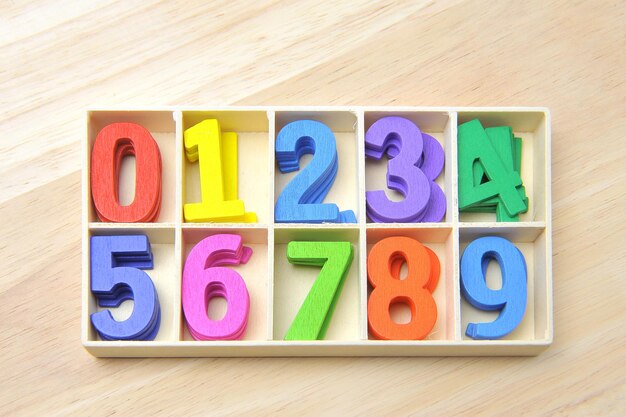 Photo directly above shot of colorful numbers in box on table