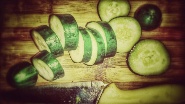 Photo directly above shot of cucumber slices on table