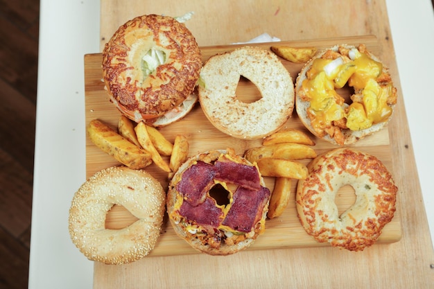 Photo directly above shot of donuts bagles