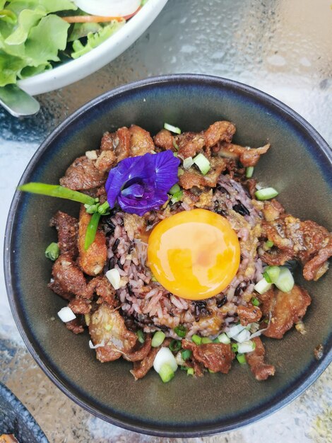 directly above shot of food in bowl on table