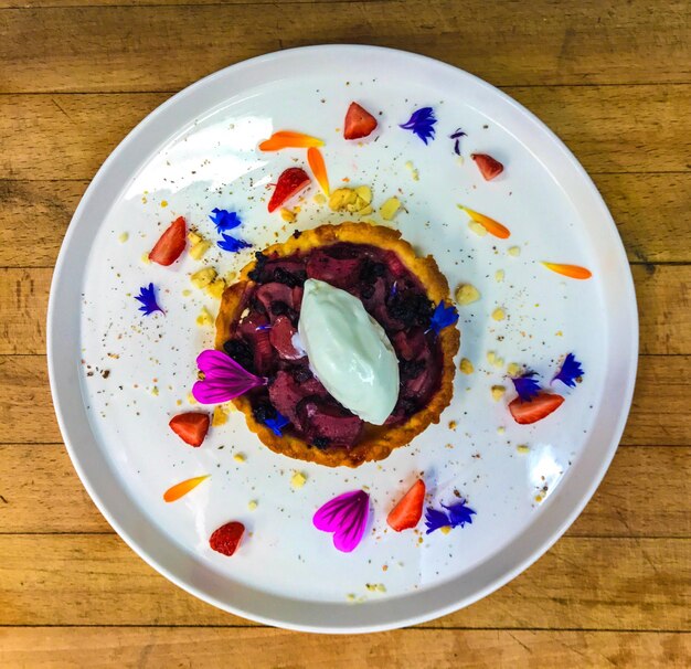 Photo directly above shot of food in plate on table