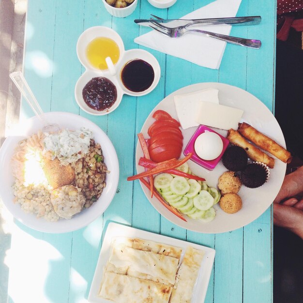 Photo directly above shot of food served on table