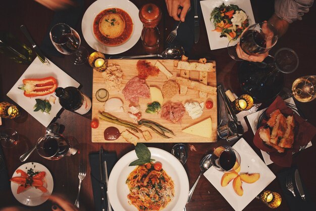 Photo directly above shot of food served on table