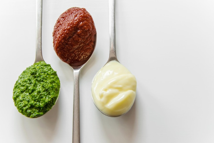 Photo 白い背景の上にスプーンで食べ物を撮影する