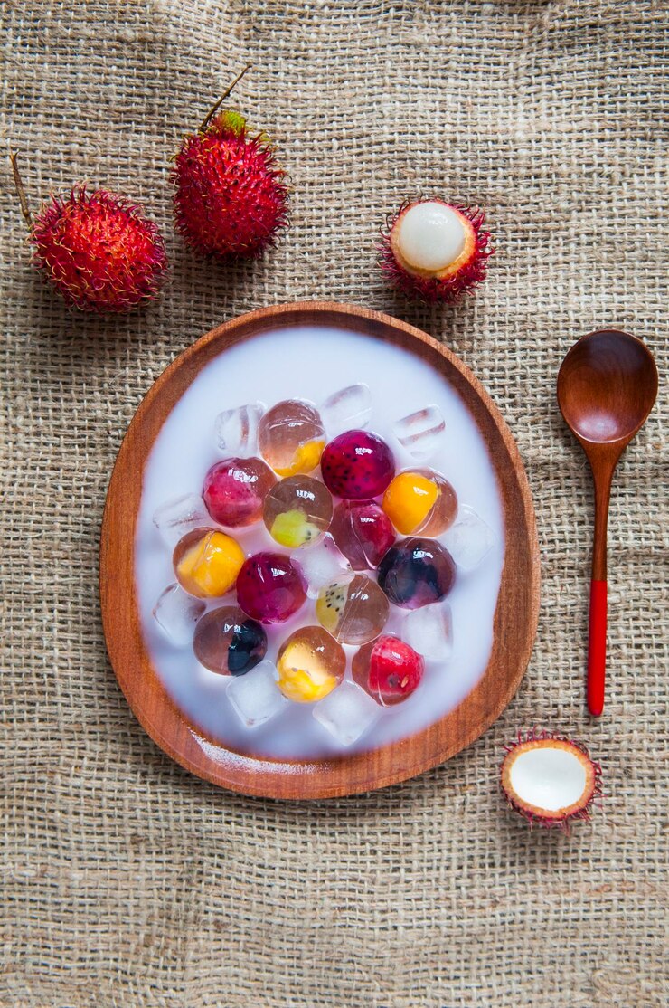 Photo directly above shot of fruit jelly dessert served in plate on table
