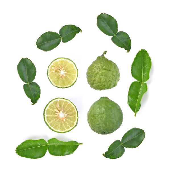 Directly above shot of fruits and leaves on white background