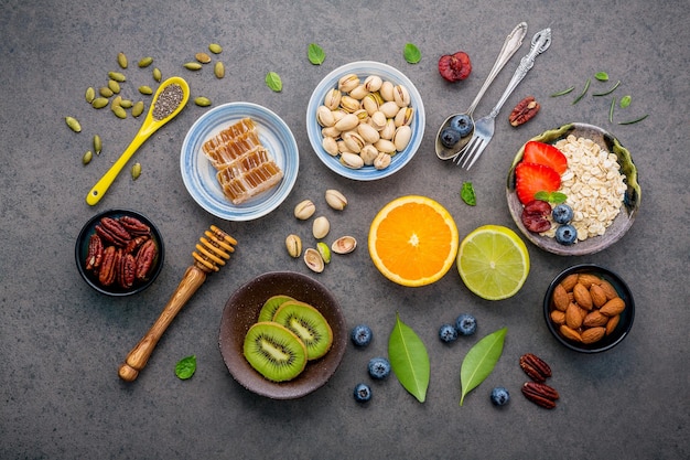 directly above shot of fruits and nuts on table