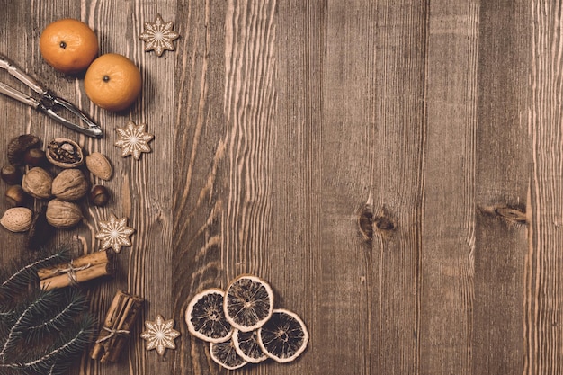 Directly above shot of fruits and nuts on table