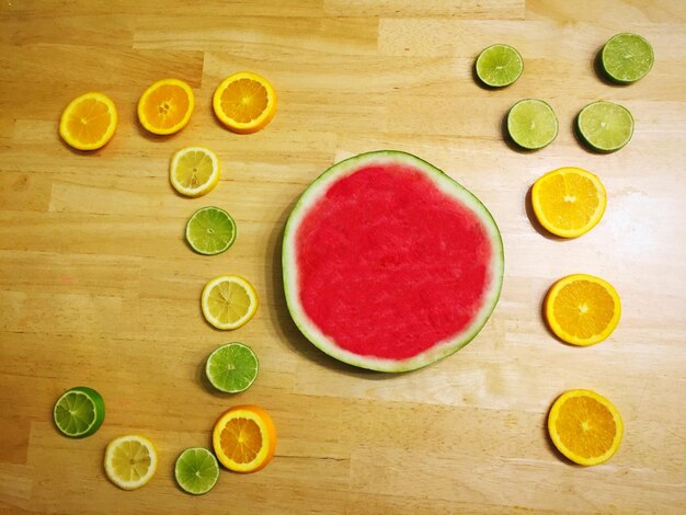 Directly above shot of fruits served on table