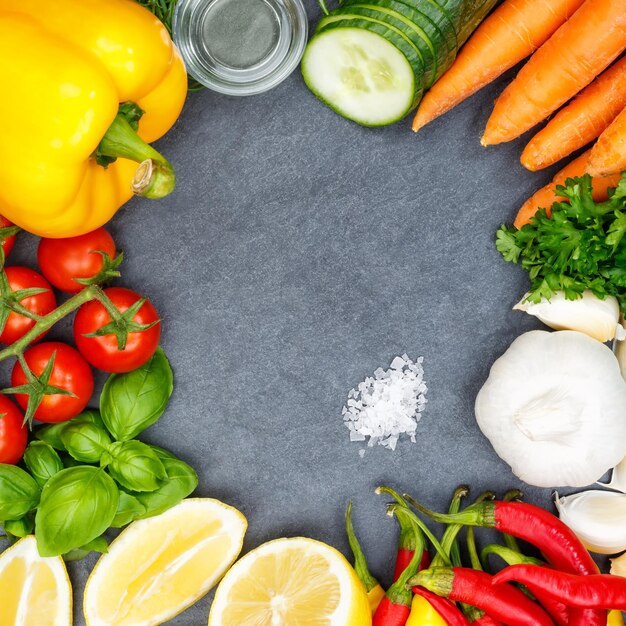 Directly above shot of fruits and vegetables on table