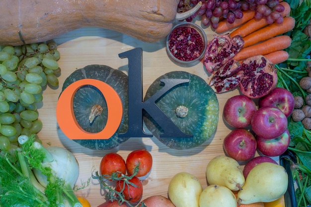 Photo directly above shot of fruits and vegetables with text on table