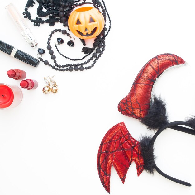 Photo directly above shot of halloween props on white background