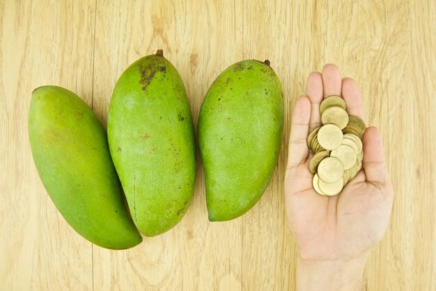 Directly above shot of hand holding fruit on table