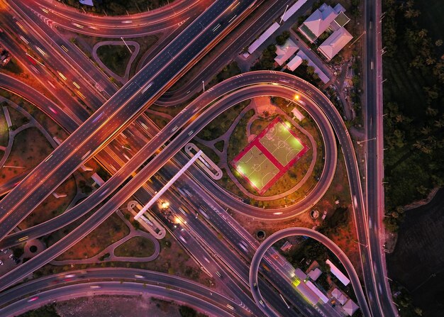 Photo directly above shot of intertwined highways at night