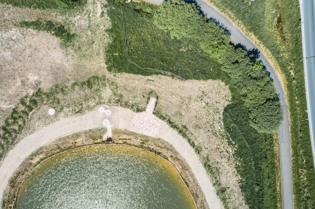 directly above shot of lake and trees