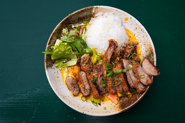 Photo directly above shot of meal served in plate on table