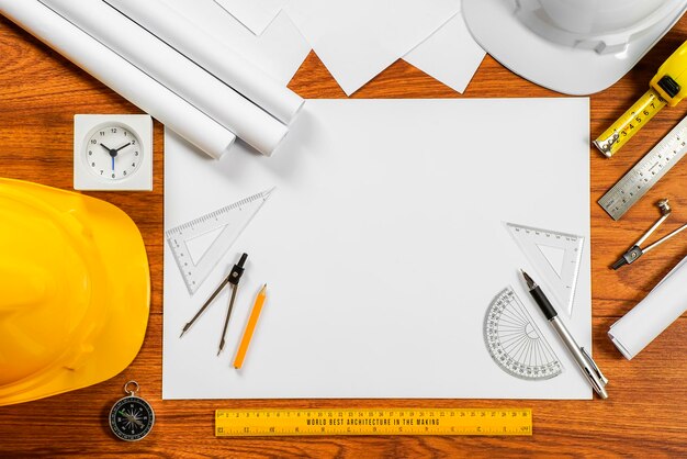 Photo directly above shot of measuring instruments and blank paper on table