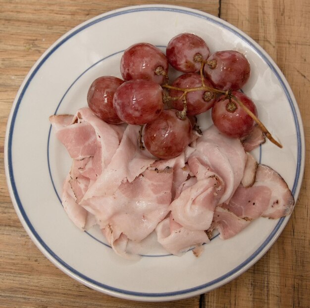 Directly above shot of meat with grapes in plate over table