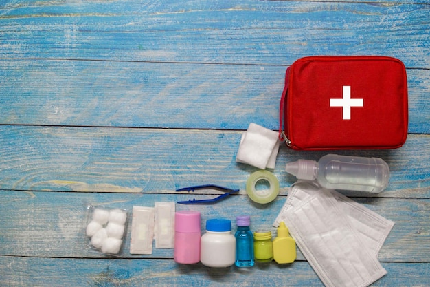 Photo directly above shot of medical kit on table