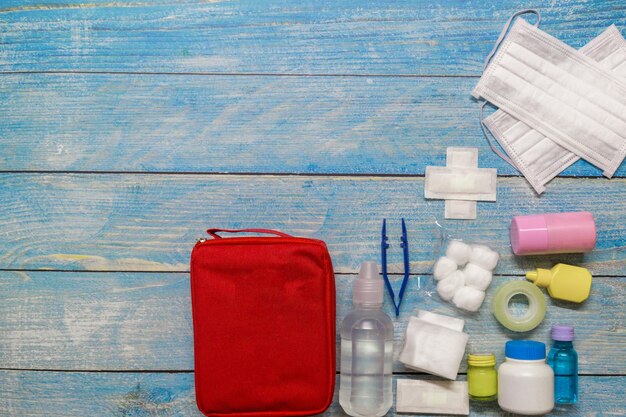 Directly above shot of medical supplies on table