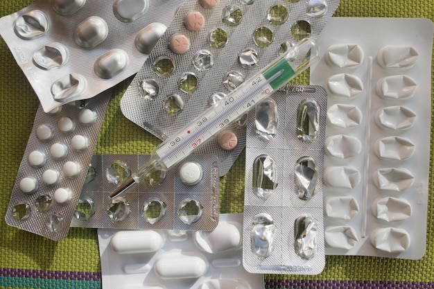 Photo directly above shot of medicines on table