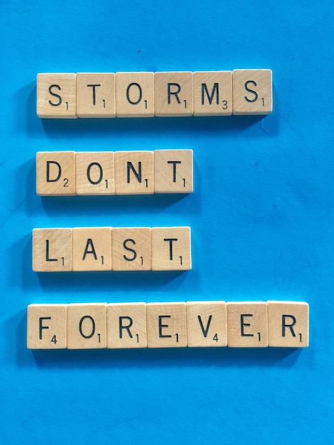 Directly above shot of message on wooden blocks over blue background