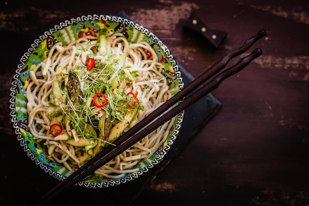 Photo directly above shot of noodles in bowl on table