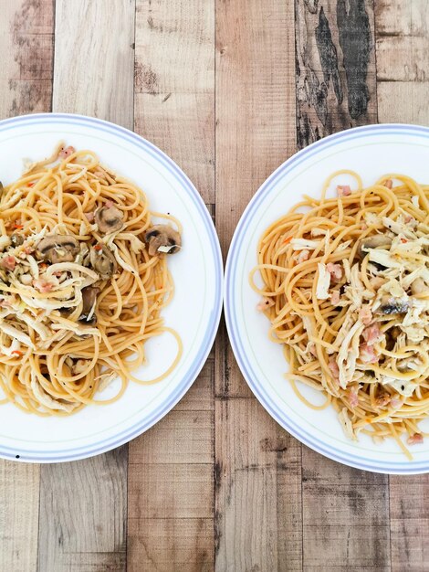 Foto direttamente sopra il colpo di tagliatelle nel piatto sul tavolo