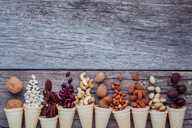 Photo directly above shot of nuts in ice cream cones